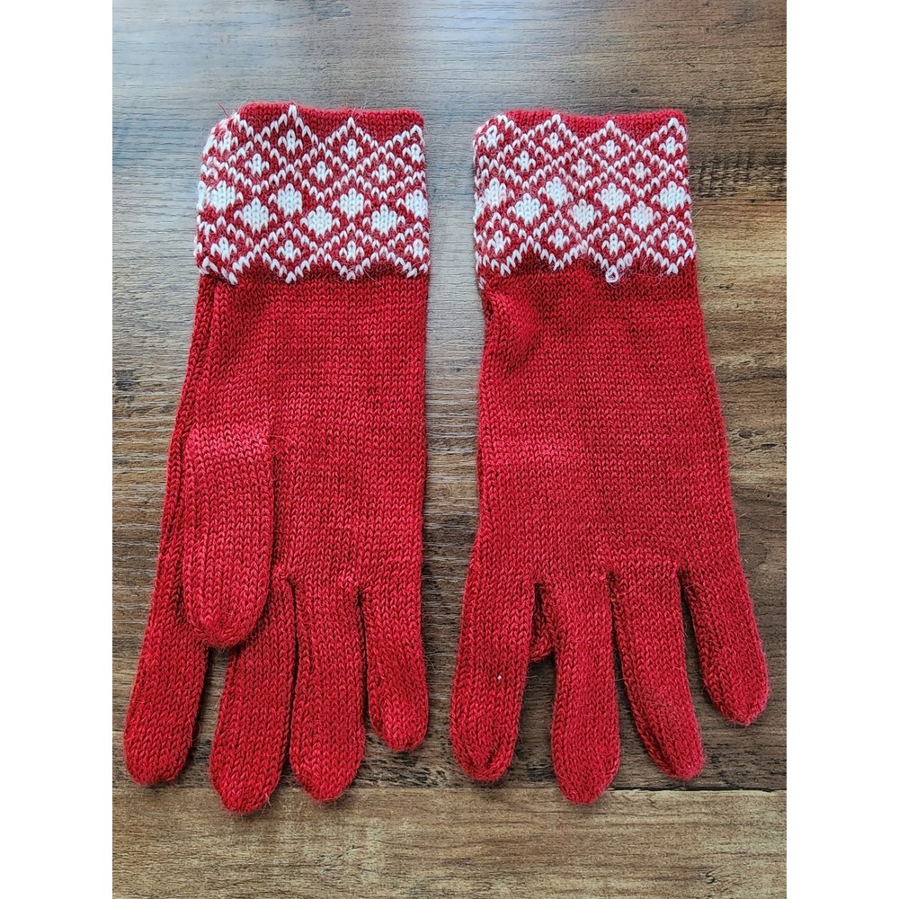 Alpaca Blend Knit Gloves Fair Isle Cuff Apres Ski Red Winter Cozy Cabin Chalet